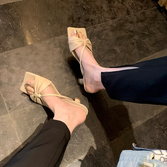 Women's Style Bow One-word Surface Square Toe Summer Outdoor Sandals