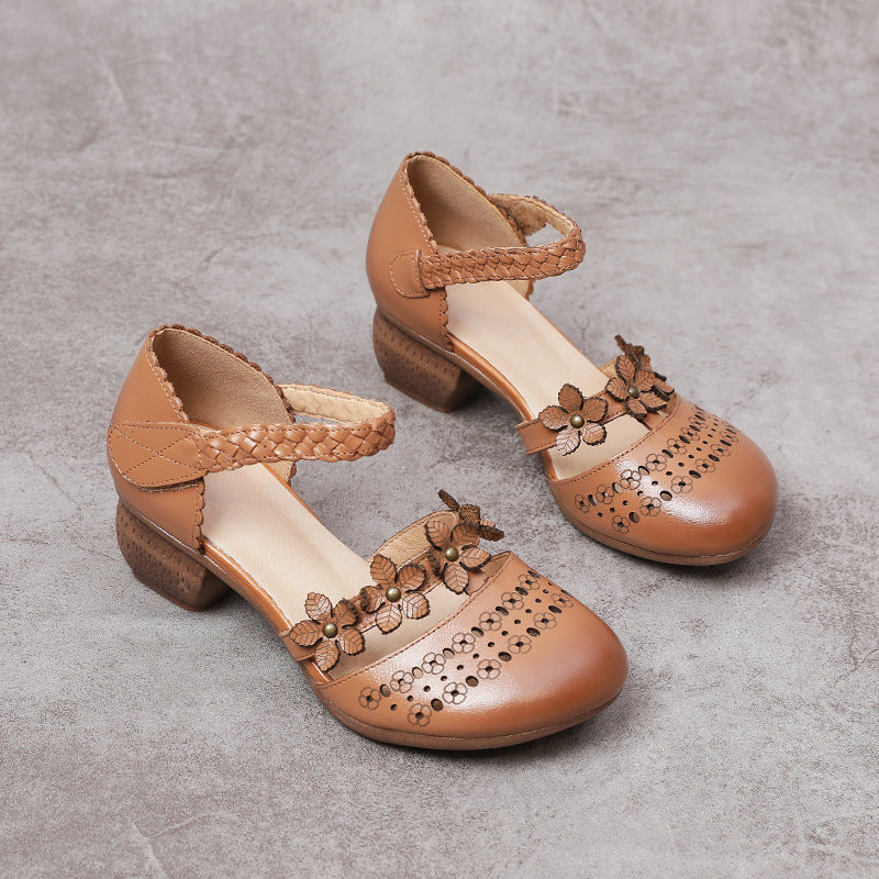 Women's Ethnic Style Thick Mid Punching Hollow Sandals