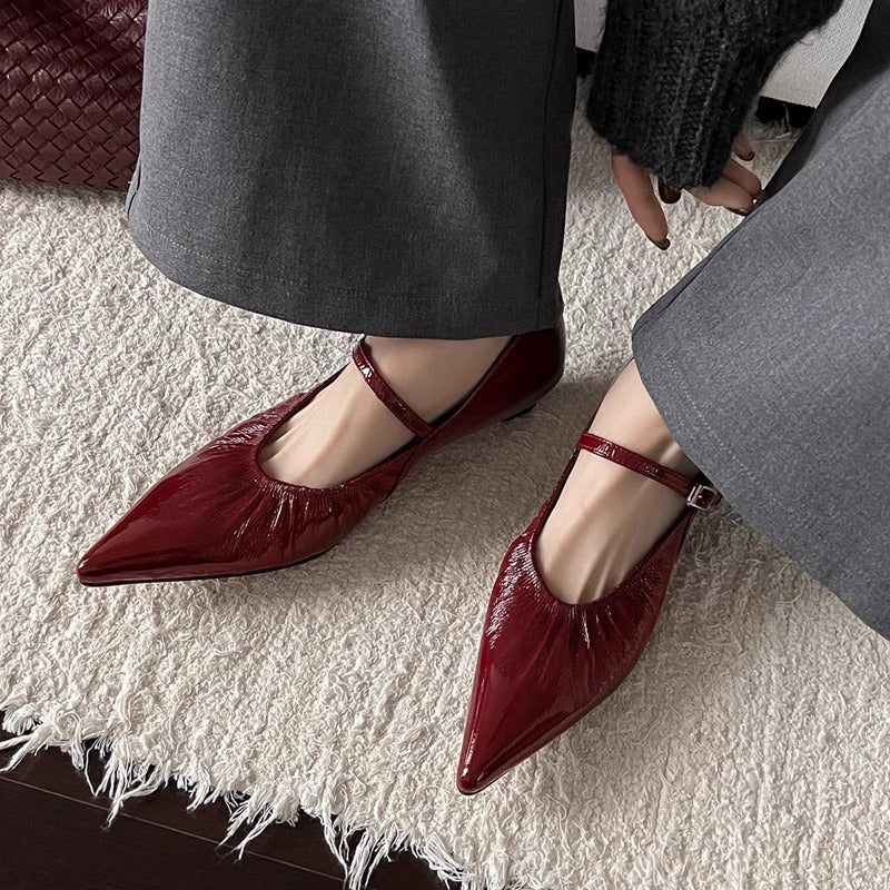Women's Sheepskin Pointed Toe Mary Jane With Chunky Flat Shallow Women's Fashion Shoes