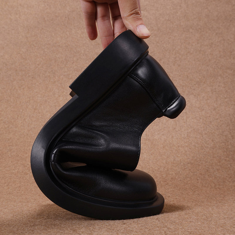 Men's Black String Strap Round Toe Pigskin Leather Shoes
