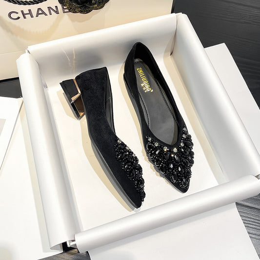 Women's Veet Pointed Pumps Chunky Middle Rhinestone Women's Fashion Shoes