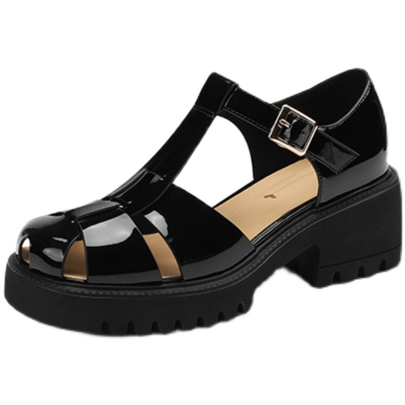 Women's Weave Roman Thick Bottom Toe Cap Heels