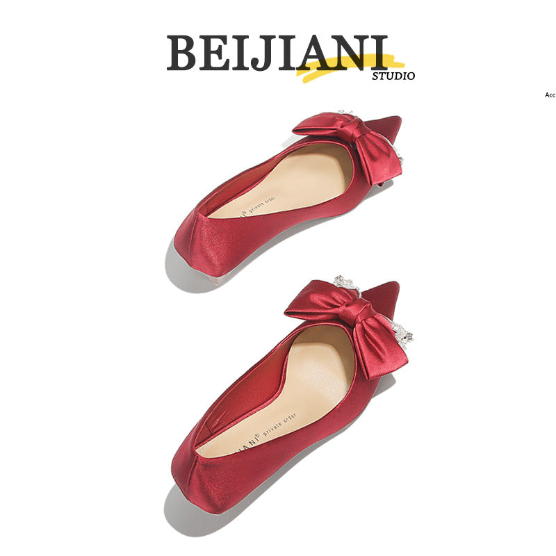 Women's Sheepskin Wedding For Bridal Bow High Pointed Women's Fashion Shoes