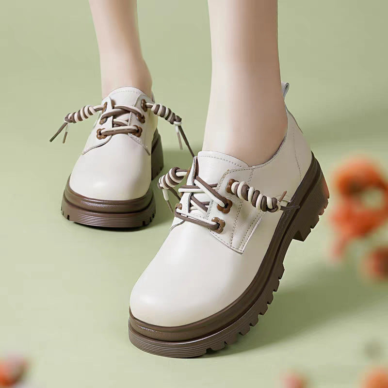 Women's Authentic Spring Platform Cowhide British Style Dissoed Black Leather Shoes