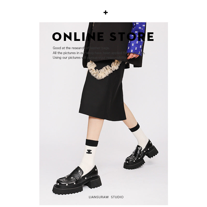 Women's Round Toe Rhinestone Thick With British Style Women's Shoes