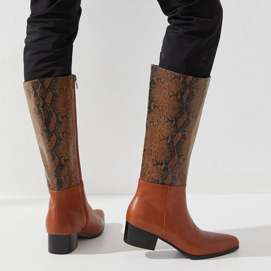 Men's Pointed Toe Fashion Brown Python Embossed Boots