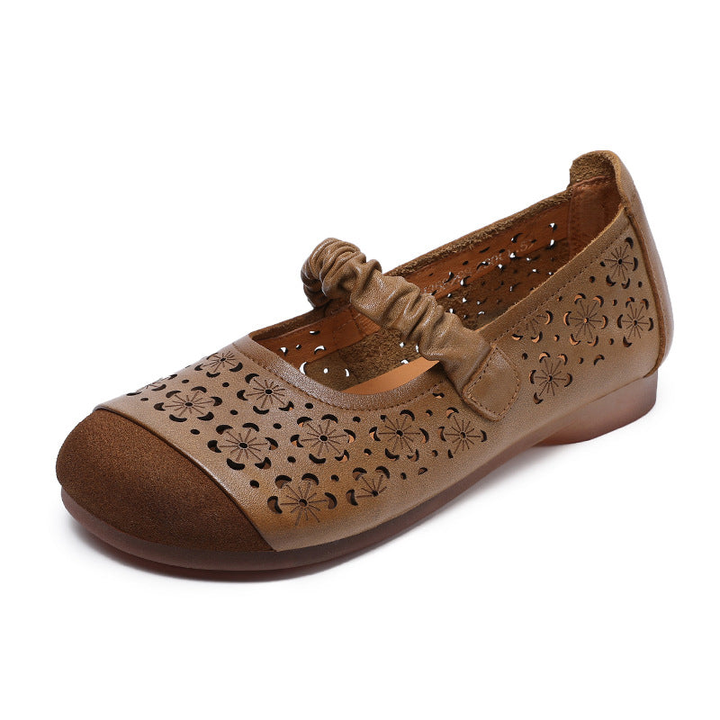 Women's First Layer Cowhide Retro Hole Hollow Breathable Soft Bottom Casual Shoes