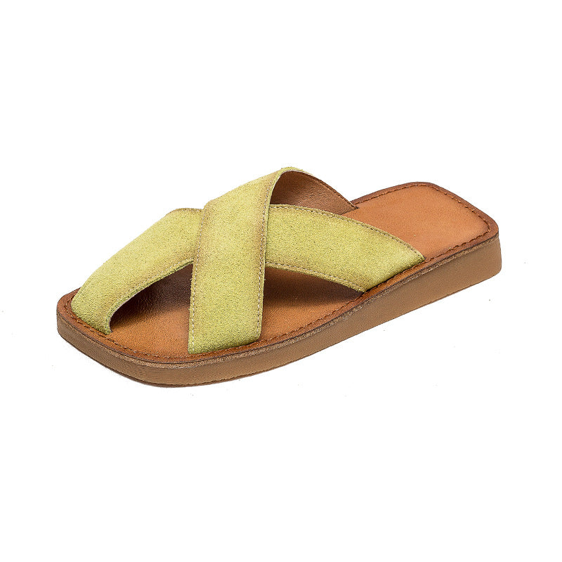Women's Breathable First Layer Cowhide Simple Round Sandals