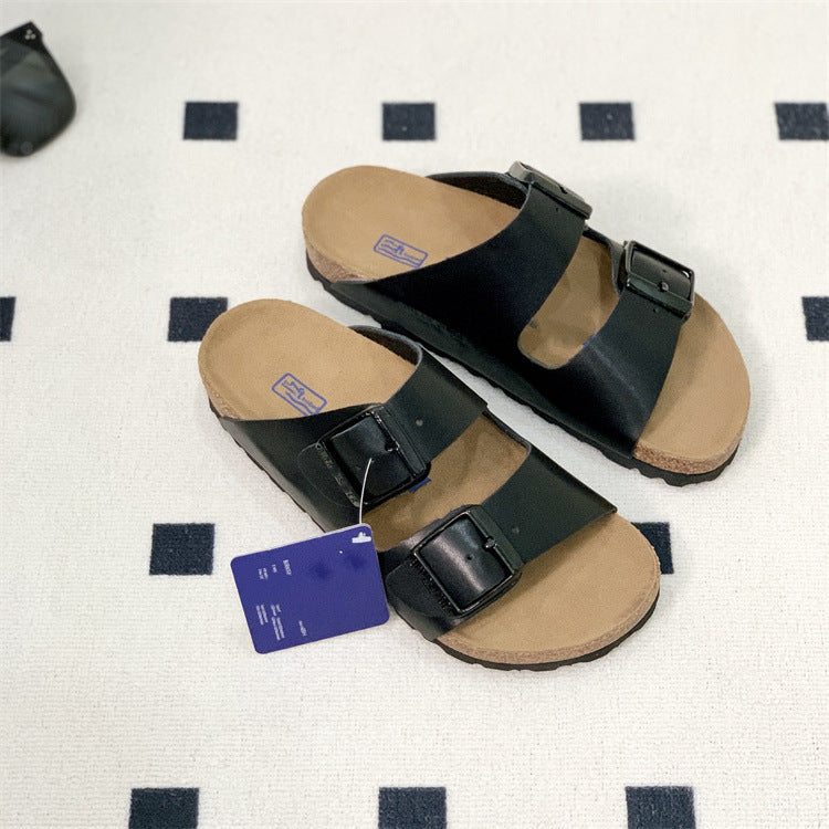 Women's & Men's Summer Cowhide Cork Two-word Platform Outerwear Slippers