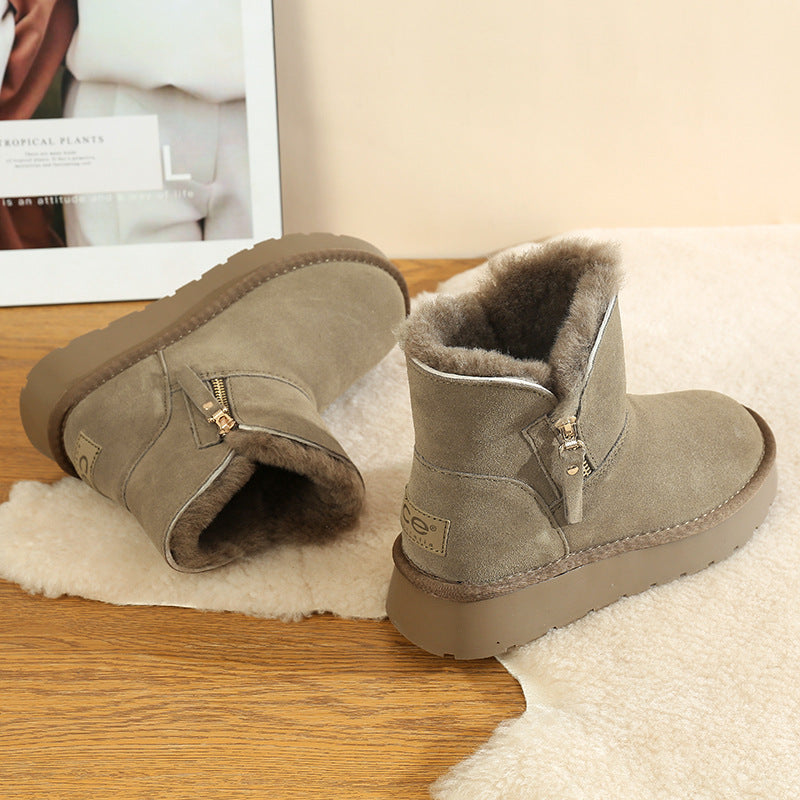 Women's Fur Genuine Wool Side Zipper Fleece Snow Boots