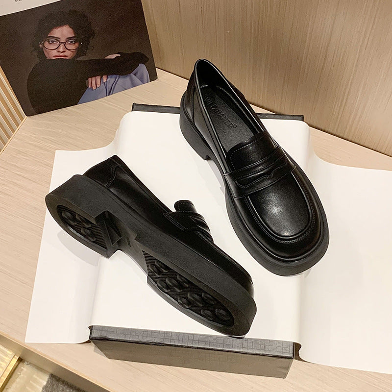 Cowhide Black Platform British Style Vintage Loafers