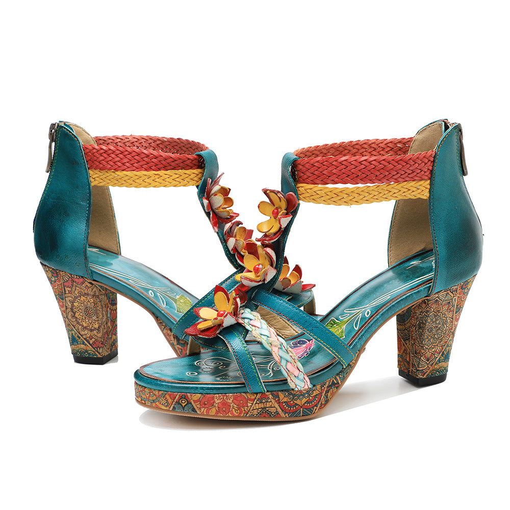 Summer Hand-rub Color Knitted Belt Patchwork Heels