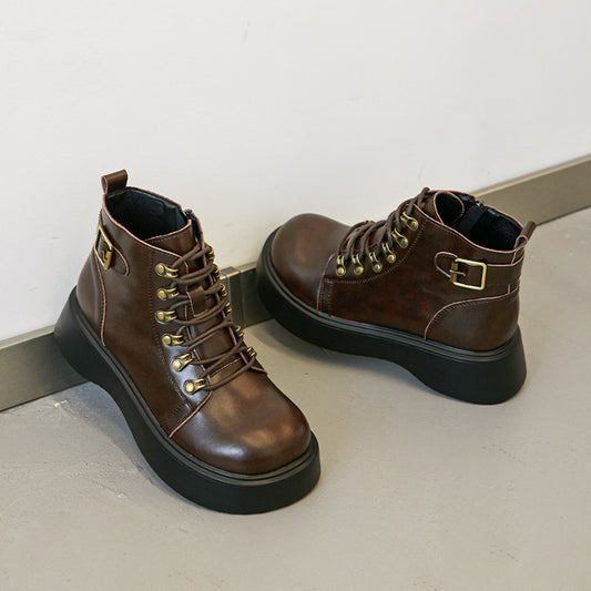 Women's Big Round Toe Vintage Brown British Boots