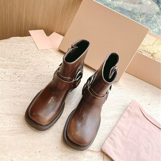 Women's Denim Metal Belt Buckle Booties Mid Boots