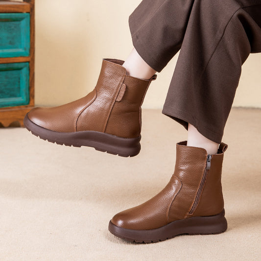 Women's Layer Cowhide Mother's Cotton Flat Leisure Warm Snow Boots