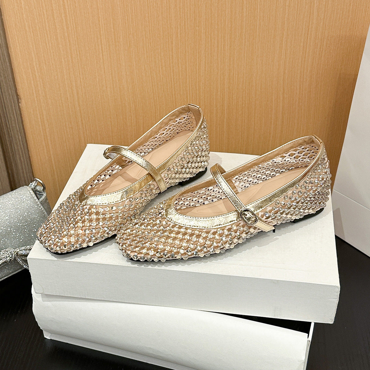 Women's Square Toe Rhinestone Mesh Hollow Out Back Open Mary Jane Women's Fashion Shoes