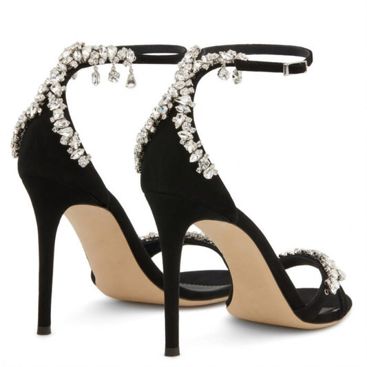 Women's Open Toe Rhinestone Buckle Hollowed Matte Black Heels
