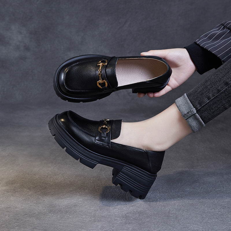 Women's Genuine Platform British Style Mid Uniform Metal Buckle Heightened Loafers