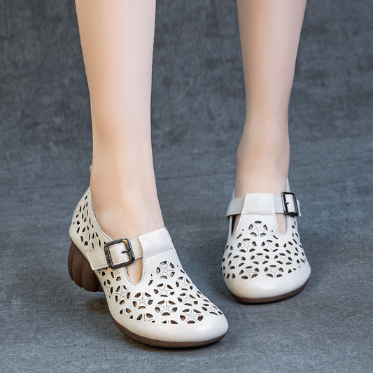 Women's Soft Bottom Punching Top Layer Cowhide Round Heels
