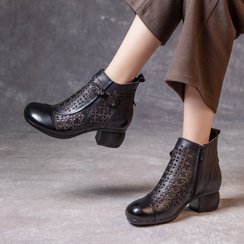 Women's Retro Thick High Round Toe Hollow Hole Heels