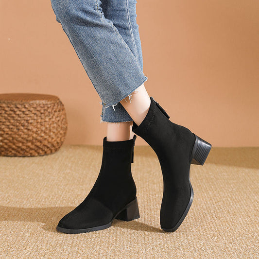 Women's Short Elegant Suede Square Head Slimming Boots