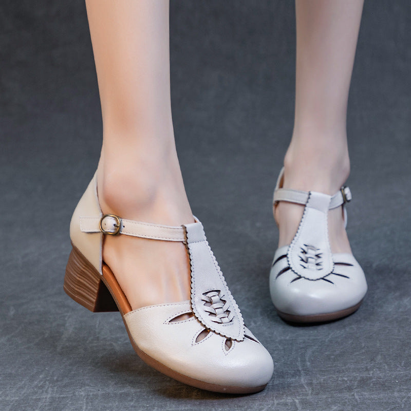 Women's First Layer Cowhide Hollowed Retro Chinese Style Thick Heels