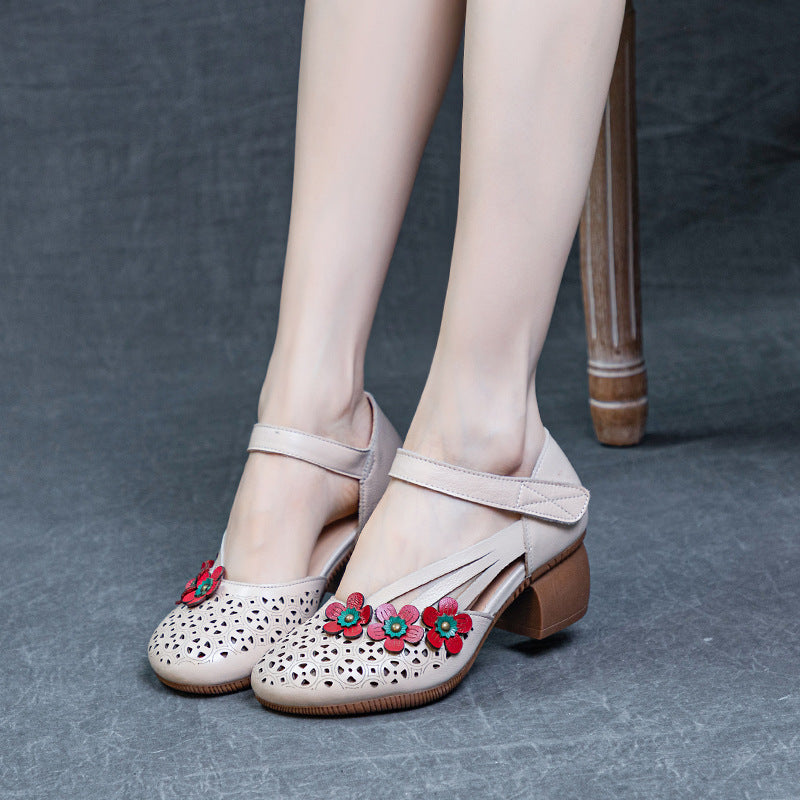 Women's Toe Mid Flower Hollowed Color Matching First Layer Heels