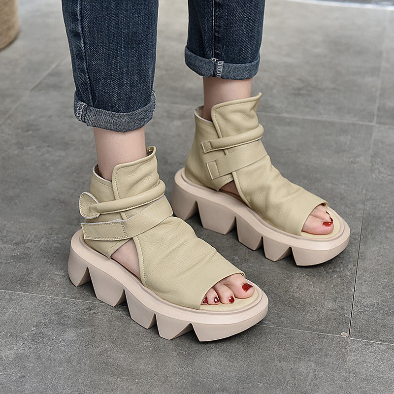Women's Genuine First Layer Cowhide Platform Muffin Fish Sandals