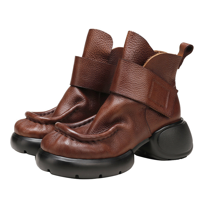 Women's Retro Genuine Chunky Platform Velcro British Heels