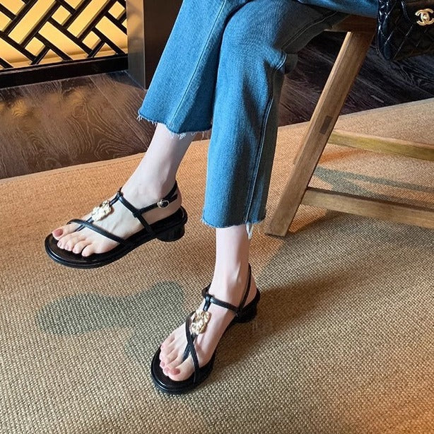 Women's Vacation Style Thin Strap Metal Buckle Chunky Heels