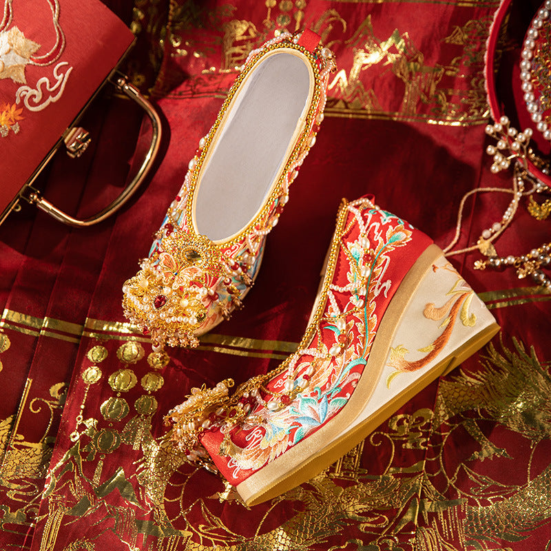 Style Wedding Ancient Height Increasing Red Canvas Shoes