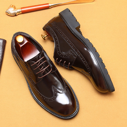Men's Brogue Formal Business Platform Glossy Elevator Leather Shoes
