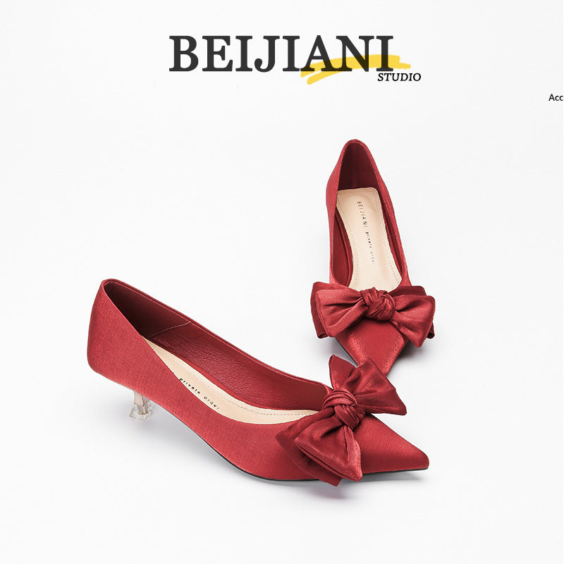 Women's Satin Bow High Pointed Toe Stiletto Mid Wedding Heels