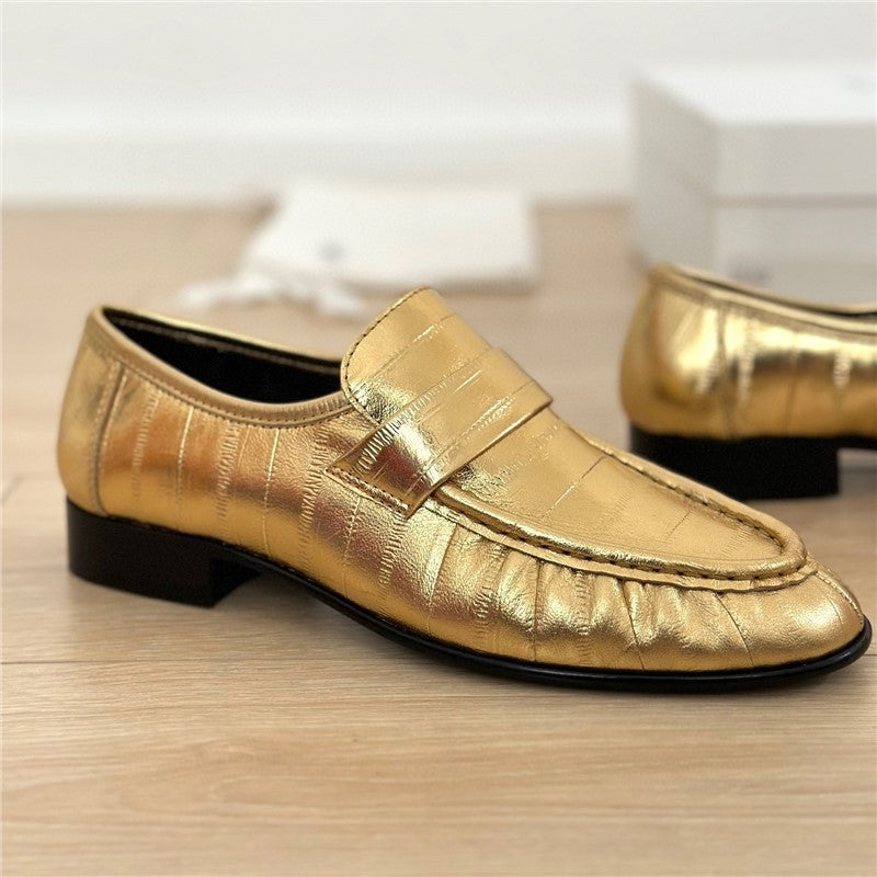 Women's Eel Pattern Cowhide Spring Genuine Round Toe Loafers