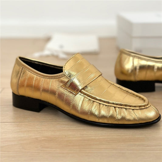 Women's Eel Pattern Cowhide Spring Genuine Round Toe Loafers