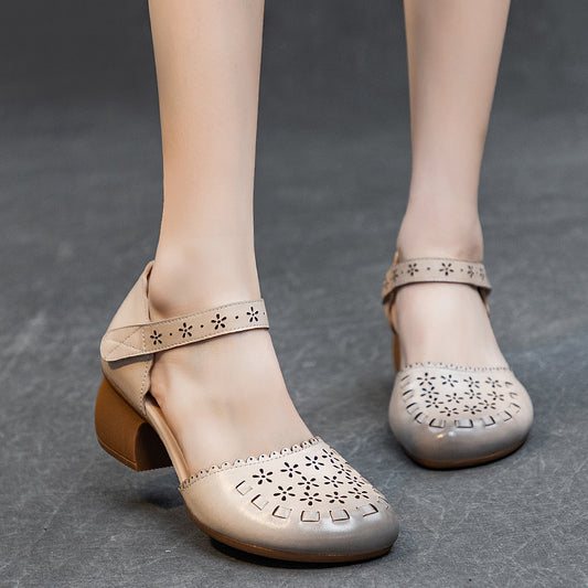 Women's Summer Thick Mid Top Layer Cowhide Heels