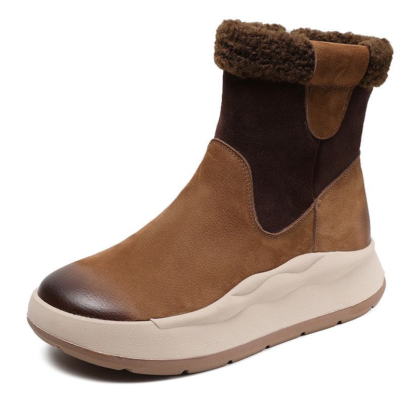 Women's Retro Color Matching First Layer Cowhide Real Snow Boots