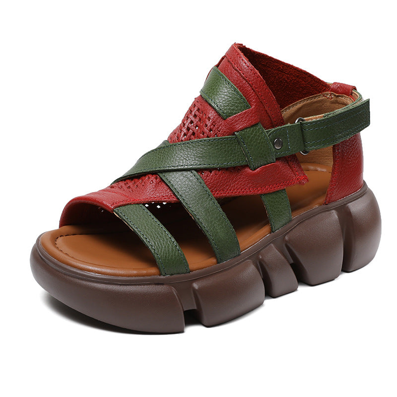 Women's Layer Cowhide Open Toe Peep Color Stitching Roman Sandals