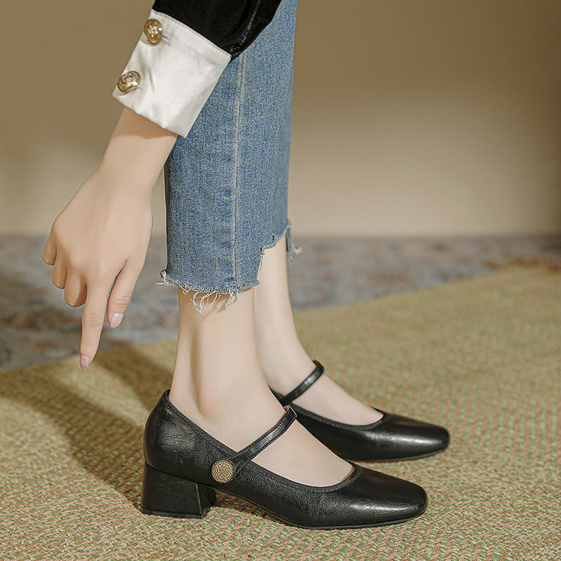 Women's Sheepskin Version French Genuine Mary Jane Retro Word Heels