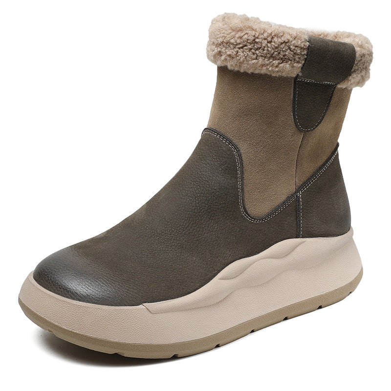 Women's Retro Color Matching First Layer Cowhide Real Snow Boots
