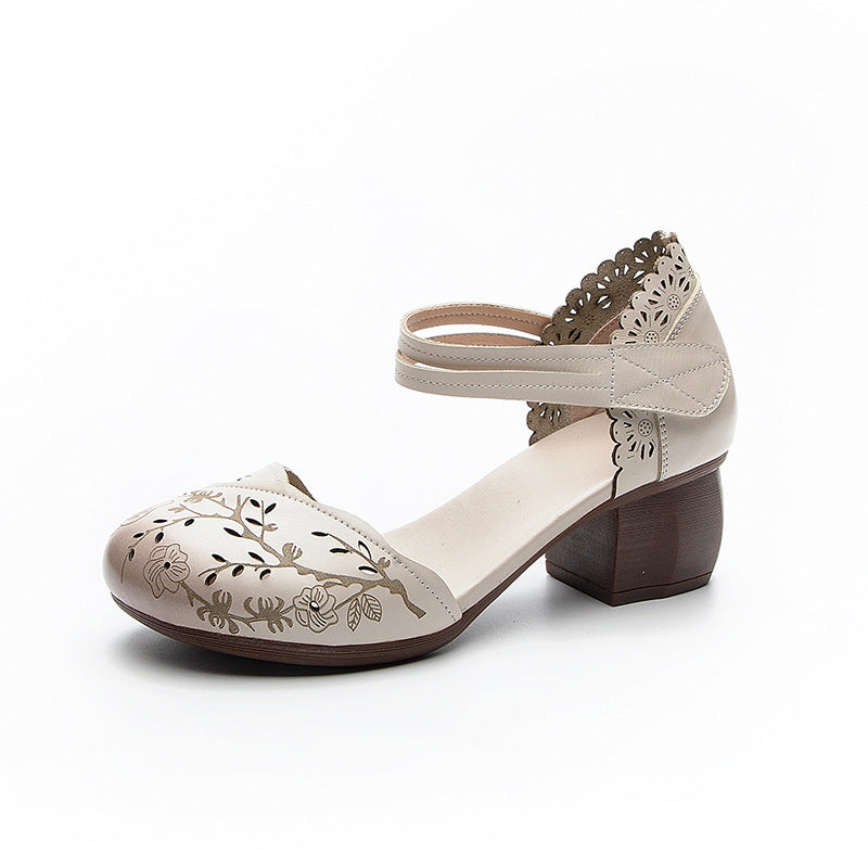 Women's Summer First Layer Cowhide Thick Mid Retro Chinese Heels