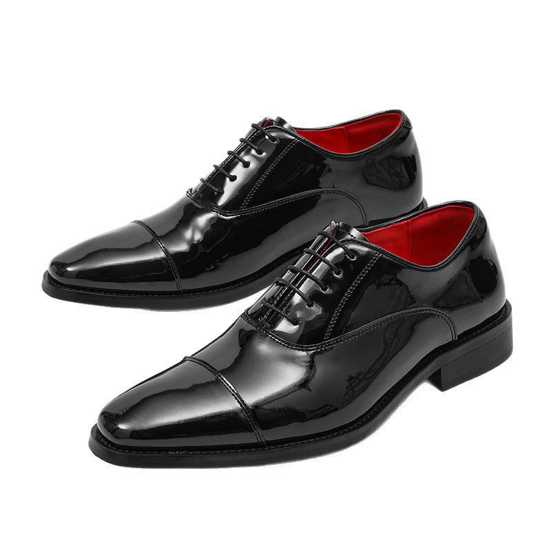 Men's Black Glossy British Red Bottom Commuter Derby Thick Men's Business Leather Shoes