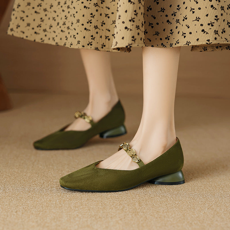 Women's Sheepskin French Square Head Gold Coin Mary Jane Women's Fashion Shoes