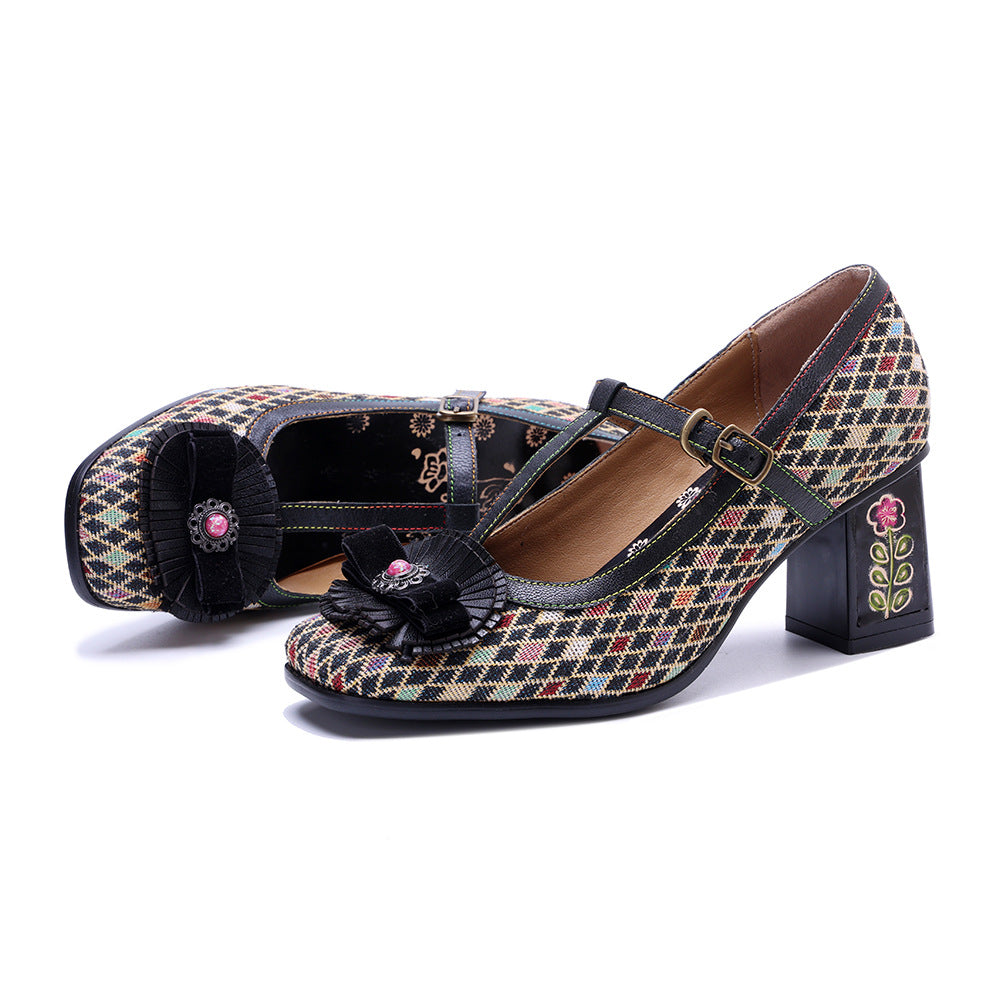Women's Plaid Printed Three-dimensional Flower Mary Jane Women's Shoes