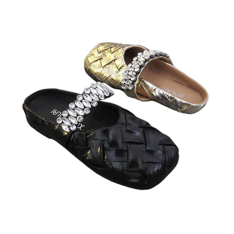 Rhinestone Relief Sole Outer Wear Woven Slippers