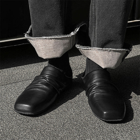 Square Toe Pleated Slip-on Flat For Leather Shoes