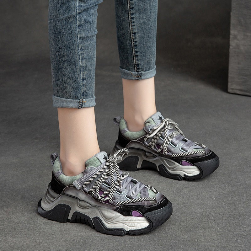 Women's First Layer Cowhide Retro Style Daddy Casual Shoes
