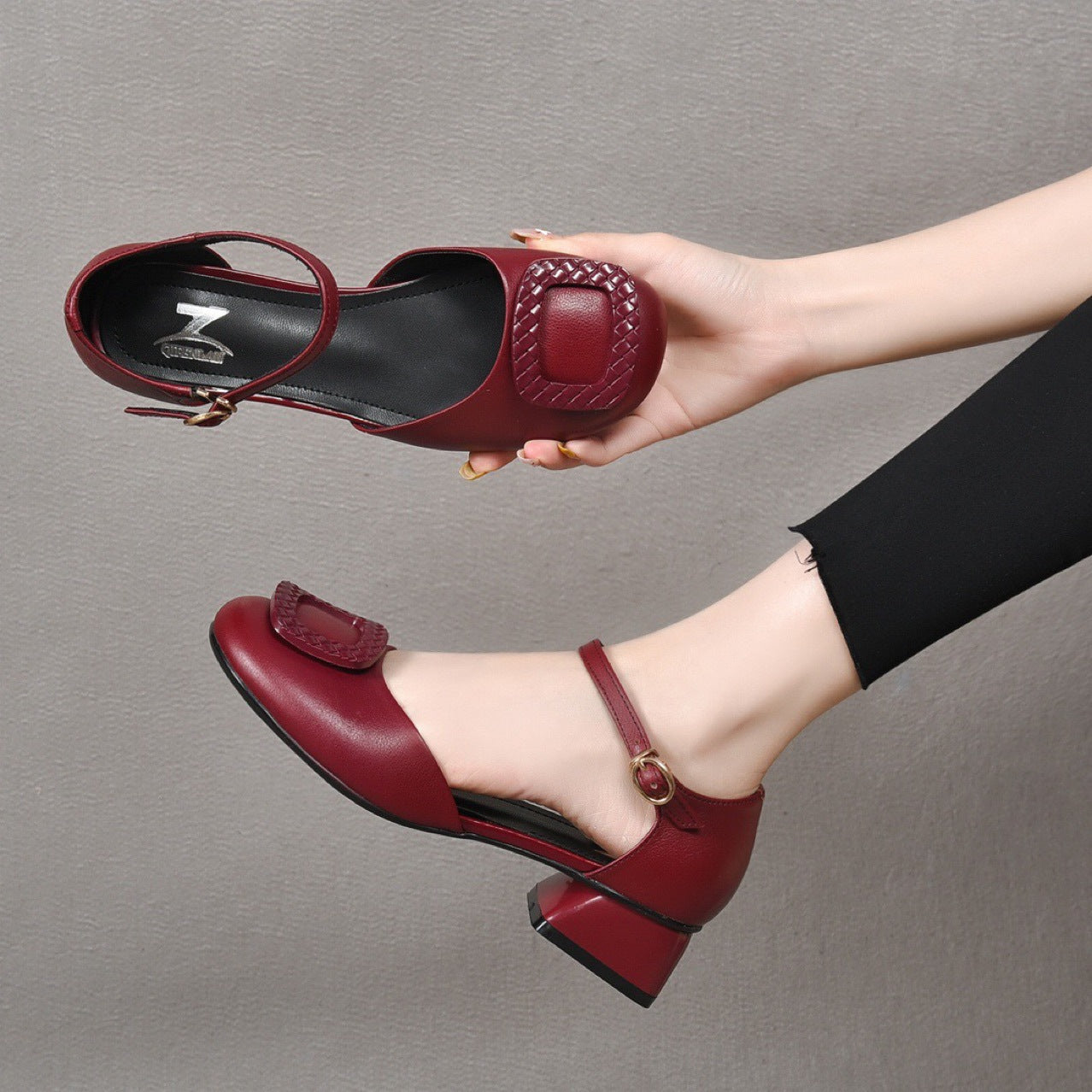 Women's Toe Summer Chunky Genuine Hollow Pumps Heels