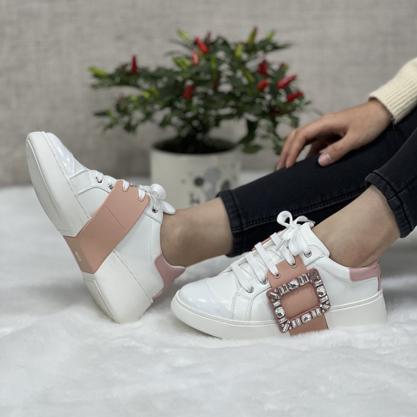 Women's Rhinestone Square Buckle White Inner Height Casual Shoes