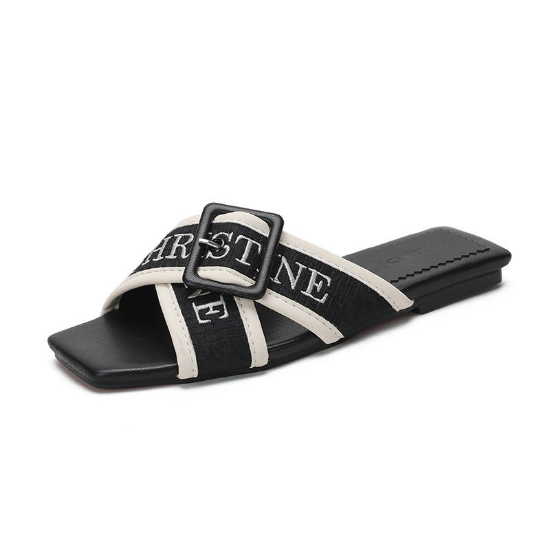 Women's Fashionable Square Toe Cross Embroidered Classic Sandals